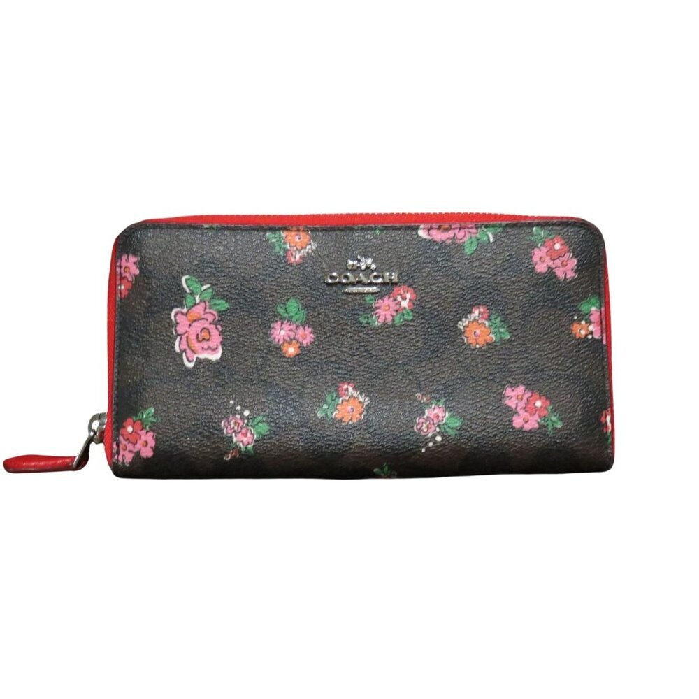 Coach Signature Floral Print Zip Around Accordion Wallet Durable Coated Canvas